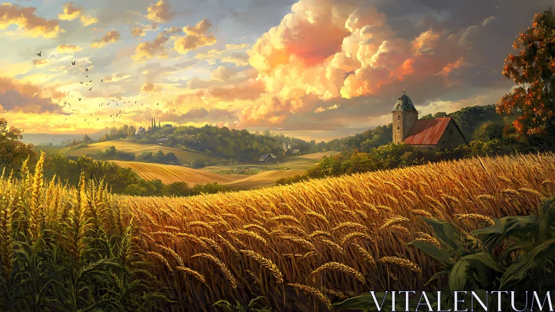 Sunlit wheat valley with rustic barn under glowing clouds.