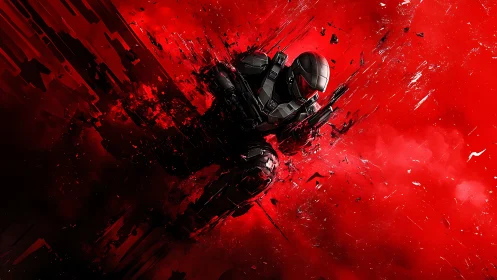 Armored sci fi soldier bursting through fractured red void.
