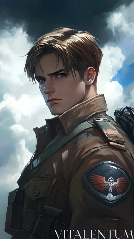 Brooding young pilot portrait under dramatic sky.
