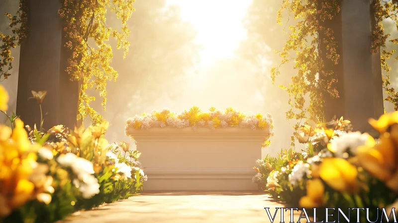 Sunlit garden altar with dense yellow and white blossoms.