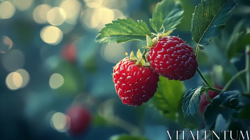 Sunlit raspberries glowing gently in a soft garden haze.