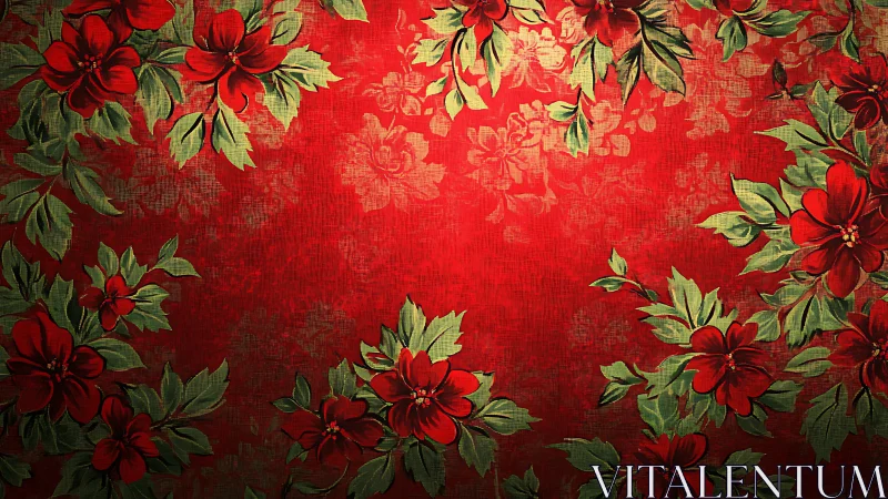 Vintage red floral border with bold green foliage pattern.