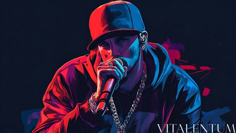 Hooded rapper grips microphone under neon stage lighting