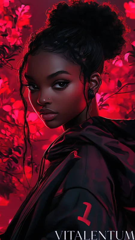 Digital portrait of woman in dark jacket with red foliage.