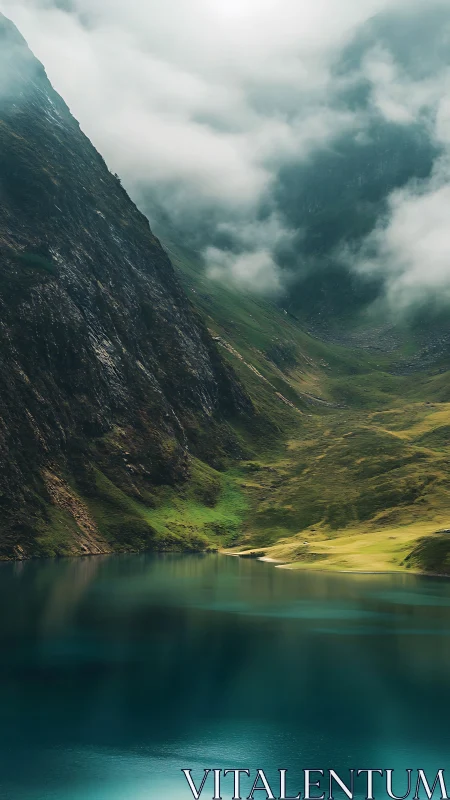 Steep rocky slope descends to calm turquoise mountain lake