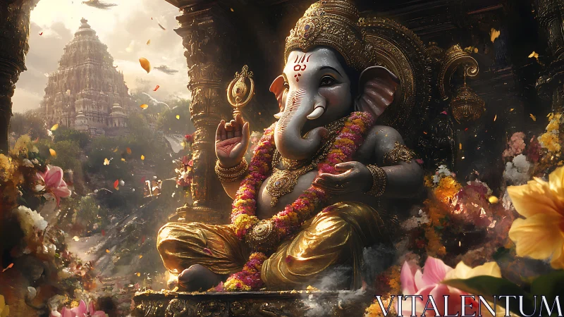 Digital painting of ornate Ganesha shrine in luminous temple setting.
