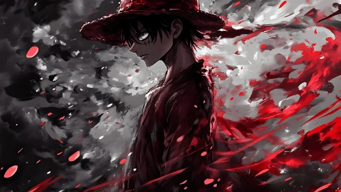 Side-profile figure in hat set against turbulent red clouds