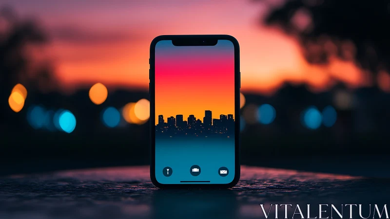 Smartphone displaying golden hour cityscape with UI elements in focus.