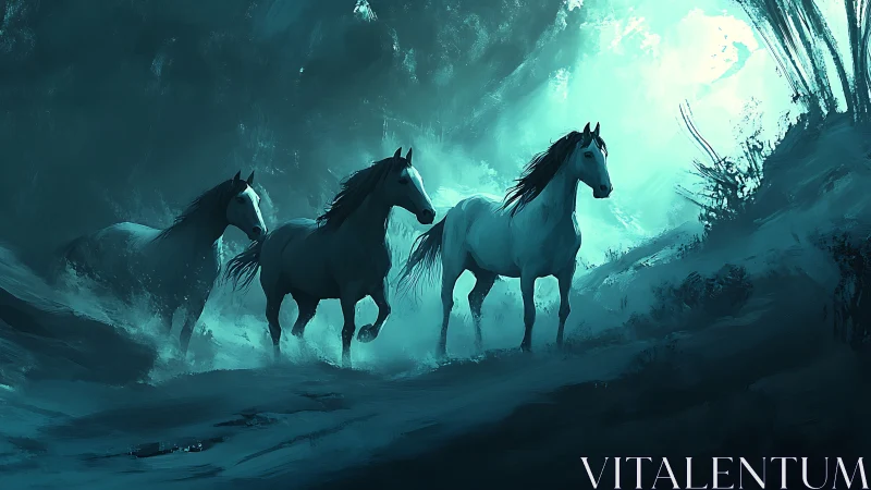 Moonlit wild horses wander through a misty teal forest