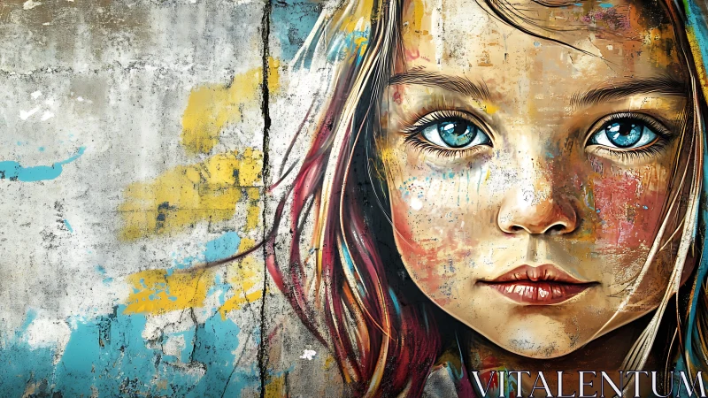 Hyperreal graffiti mural portrait of blue-eyed girl on wall