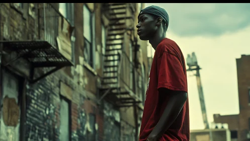 Urban side-profile portrait on weathered brick alleyway backdrop