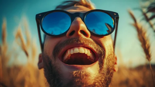 Smiling bearded man wears blue sunglasses in warm sunset field