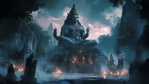 Colossal blue deity dominates mist-laden temple valley.