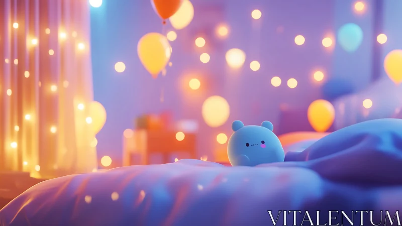 Blue animated character in illuminated interior with balloons