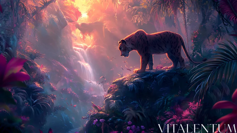 Canine figure positioned on elevated terrain within luminescent forest environment.