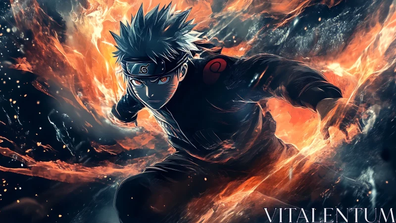 Fiery ninja charge amid swirling embers and dark void.