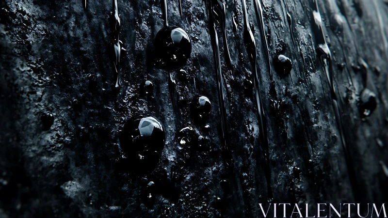 Gleaming black droplets sliding slowly down a dark surface.
