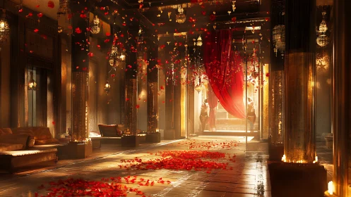 Opulent hall with red petals, columns and warm lantern light.
