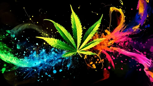 Cannabis leaf silhouette over high-saturation RGB paint splash field