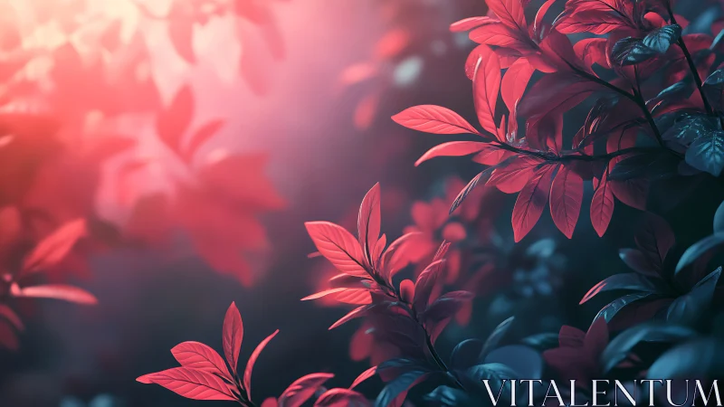 Soft crimson leaves drifting through dreamy twilight light.