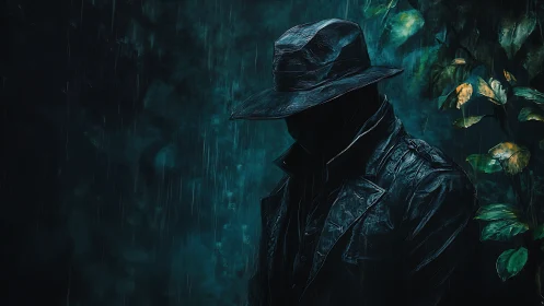 Shadowed stranger in the rain leans quietly by the leaves