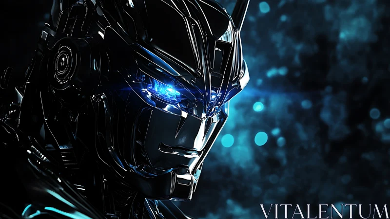 Futuristic chrome robot glares through neon blue darkness