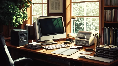 Sunlit vintage desktop workstation in warm wood studio.