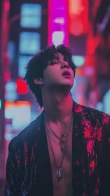 Neon lit city portrait captures moody nightlife allure