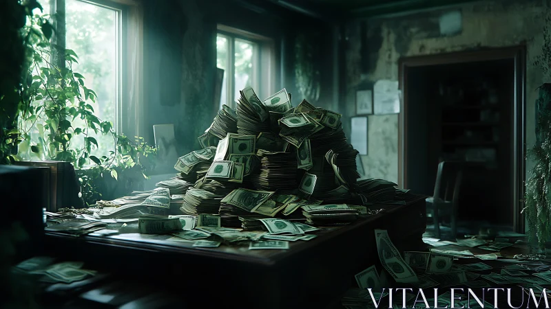 Abandoned office desk overflows with ominous stacks of cash