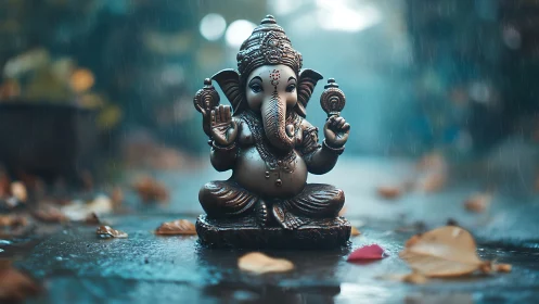 Rain-soaked Ganesha statue quietly crowns the misty street