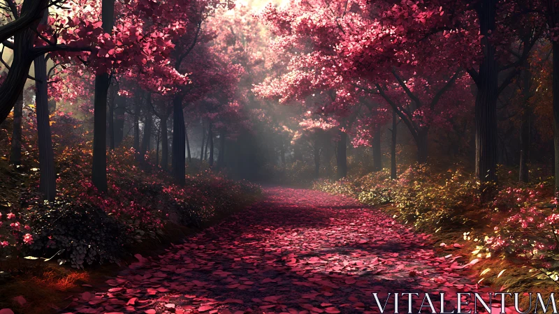 Magenta Forest Canopy: Luminous Autumn Arboretum with Gossamer Foliage.