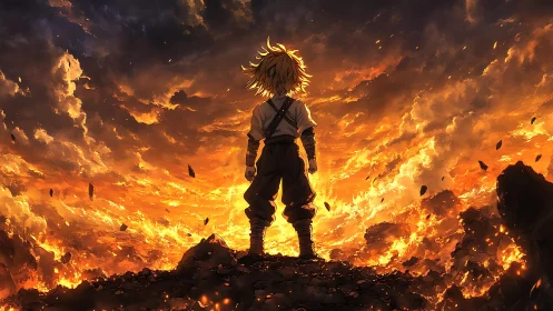 Lone anime hero confronts raging inferno under stormy sky.