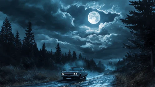 Moonlit forest highway where quiet cars chase silver clouds.