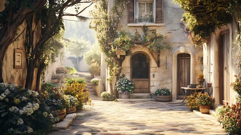 Sunlit rustic courtyard with overflowing Mediterranean flowers.