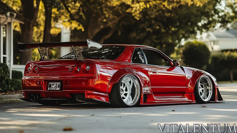 Stanced red R34 Skyline GT-R with aero widebody and wing.