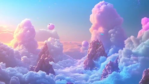 Pastel cloud mountains surround floating orbs at sunrise