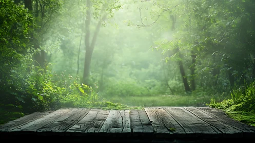 Wooden Platform in Misty Forest with Diffused Atmospheric Lighting and Dense Botanical Environment