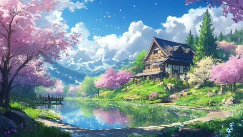 Lakeside sakura retreat with alpine backdrop, digital rendering.