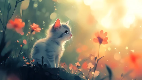 Curious Kitten Discovers Orange Blossoms in Golden Sunlight.