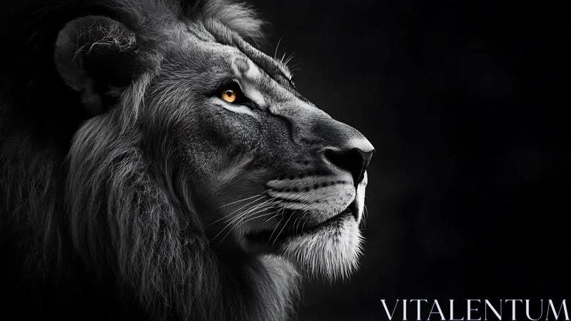 Monochrome lion profile with golden eye on black background.