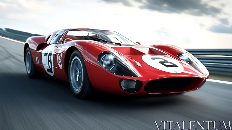 Red vintage race car powers through a sunlit modern racetrack