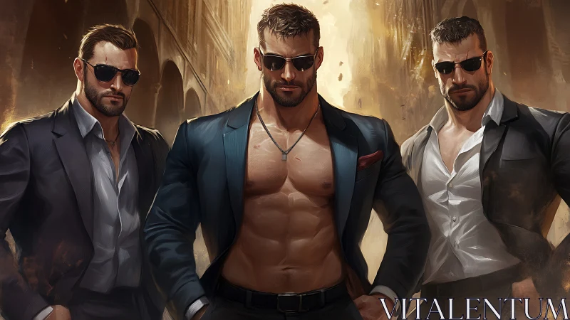 Confident suited bodyguards stride through a sunlit alleyway