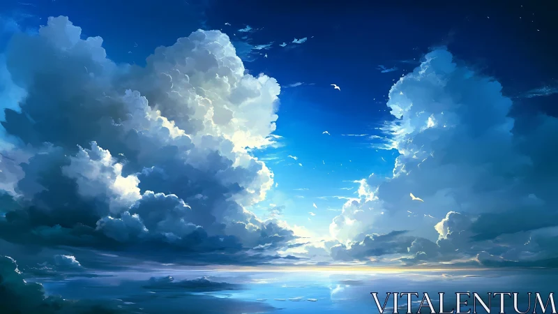 Towering luminous clouds above glasslike ocean horizon.