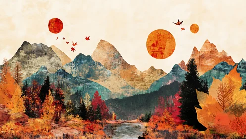 Surreal autumn mountains under twin suns glow in harmony.