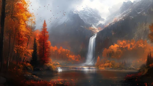 Golden autumn valley cradles a waterfall beneath misty peaks