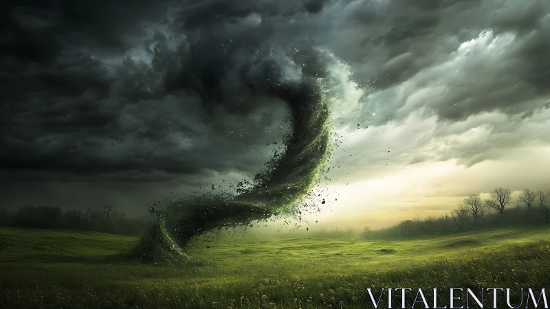 Spiral green tornado twisting over stormy open meadow.