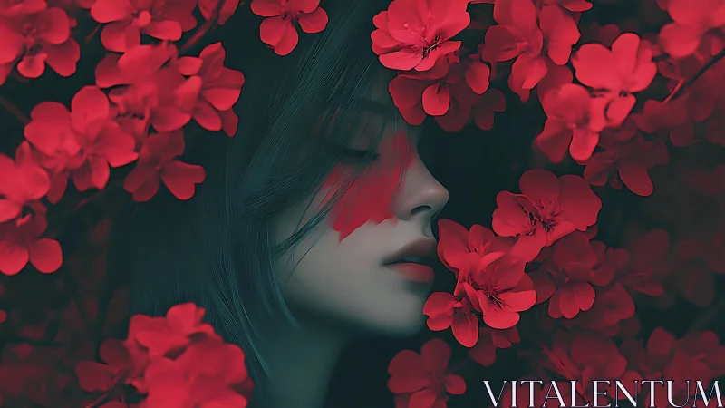 Digital portrait of serene woman veiled in vivid red blossoms