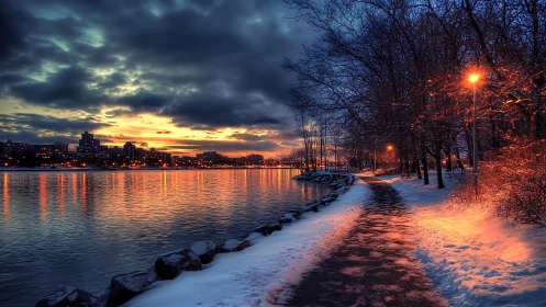 Winter riverfront path under HDR sunset with contrasting city lights