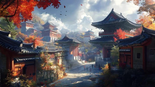 Autumn-lit mountain temple street glows with warm serenity.