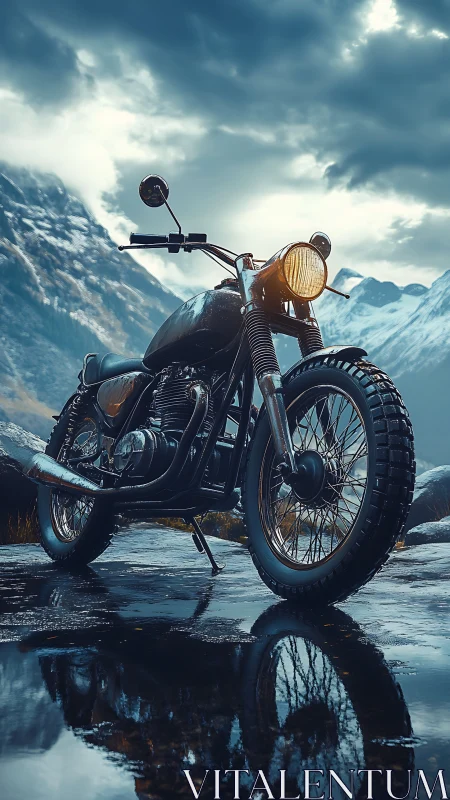 Mountain rain polishes a lone motorcycle into quiet thunder